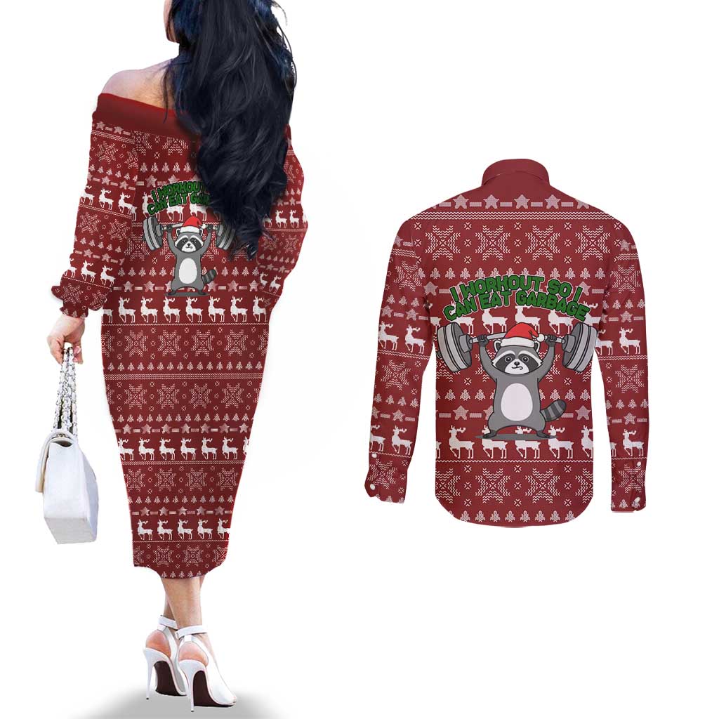 I Workout So I Can Eat Garbage Christmas Design Couples Matching Off The Shoulder Long Sleeve Dress and Long Sleeve Button Shirt Xmas Holiday Patterns - Wonder Print Shop