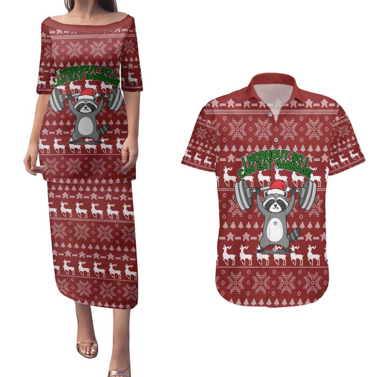 I Workout So I Can Eat Garbage Christmas Design Couples Matching Puletasi and Hawaiian Shirt Xmas Holiday Patterns - Wonder Print Shop