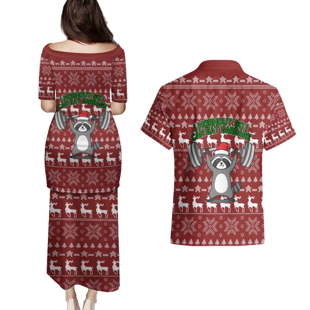 I Workout So I Can Eat Garbage Christmas Design Couples Matching Puletasi and Hawaiian Shirt Xmas Holiday Patterns - Wonder Print Shop