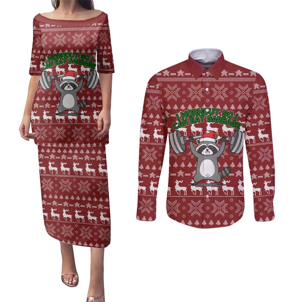 I Workout So I Can Eat Garbage Christmas Design Couples Matching Puletasi and Long Sleeve Button Shirt Xmas Holiday Patterns - Wonder Print Shop