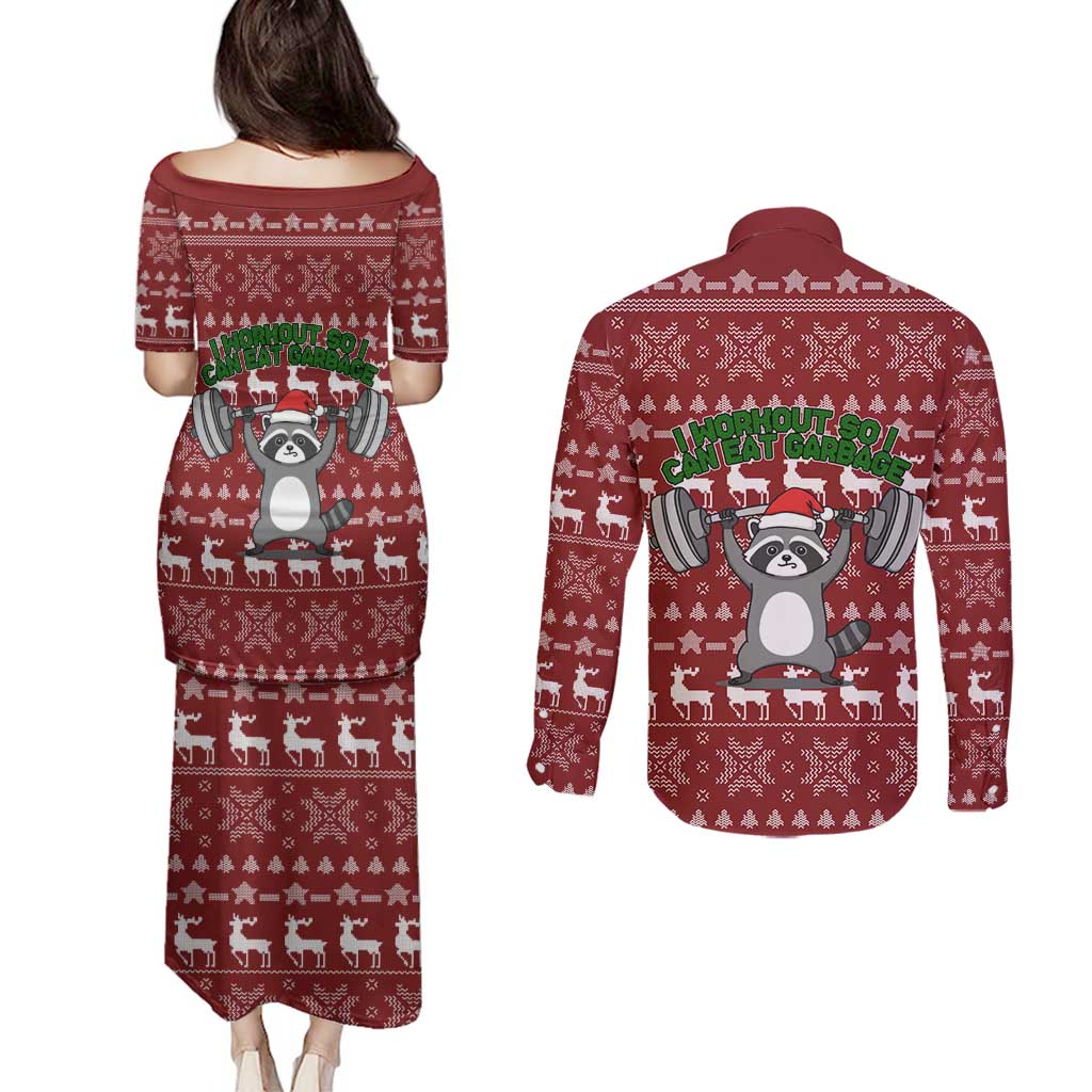 I Workout So I Can Eat Garbage Christmas Design Couples Matching Puletasi and Long Sleeve Button Shirt Xmas Holiday Patterns - Wonder Print Shop