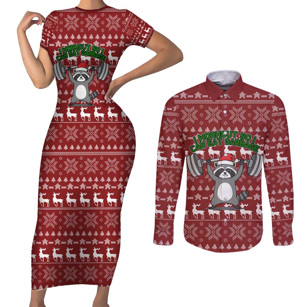 I Workout So I Can Eat Garbage Christmas Design Couples Matching Short Sleeve Bodycon Dress and Long Sleeve Button Shirt Xmas Holiday Patterns - Wonder Print Shop