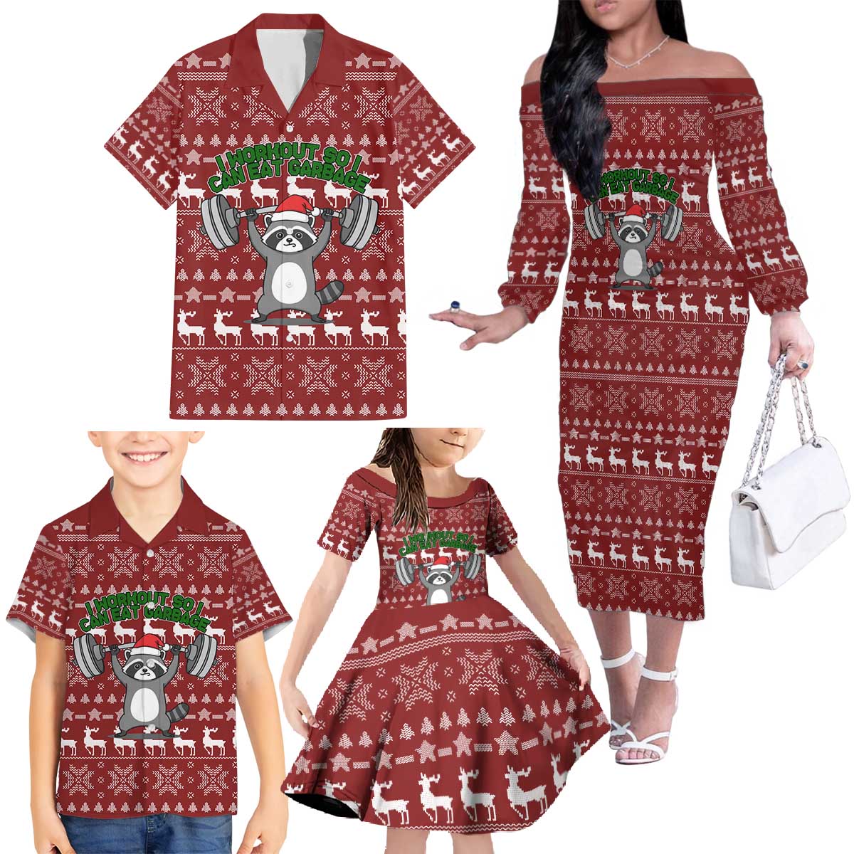 I Workout So I Can Eat Garbage Christmas Design Family Matching Off The Shoulder Long Sleeve Dress and Hawaiian Shirt Xmas Holiday Patterns - Wonder Print Shop