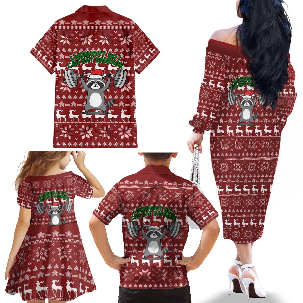 I Workout So I Can Eat Garbage Christmas Design Family Matching Off The Shoulder Long Sleeve Dress and Hawaiian Shirt Xmas Holiday Patterns - Wonder Print Shop
