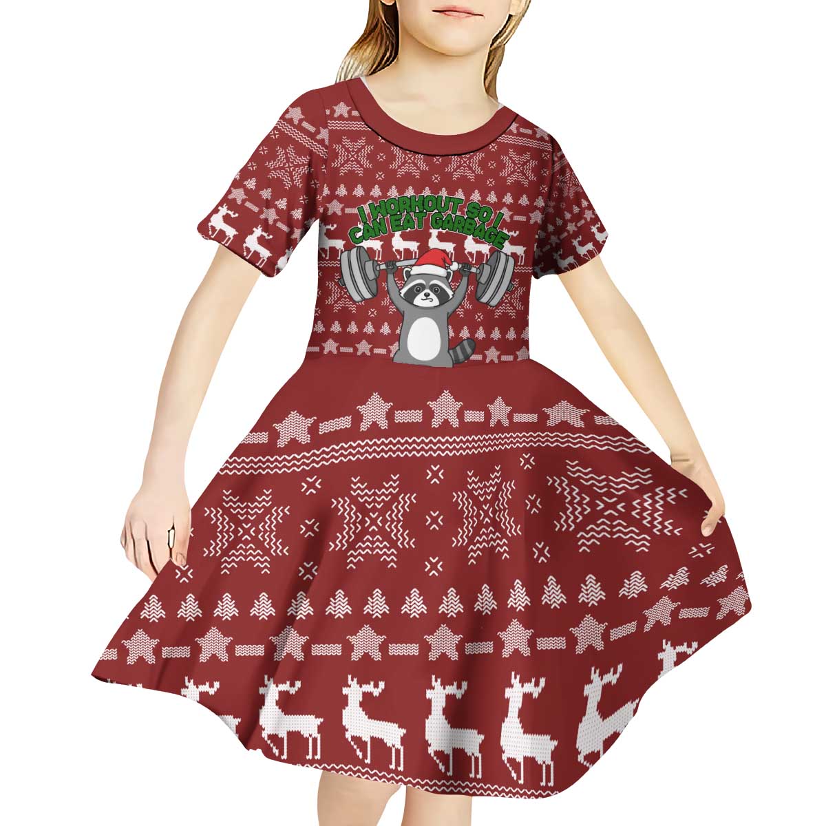 I Workout So I Can Eat Garbage Christmas Design Kid Short Sleeve Dress Xmas Holiday Patterns - Wonder Print Shop