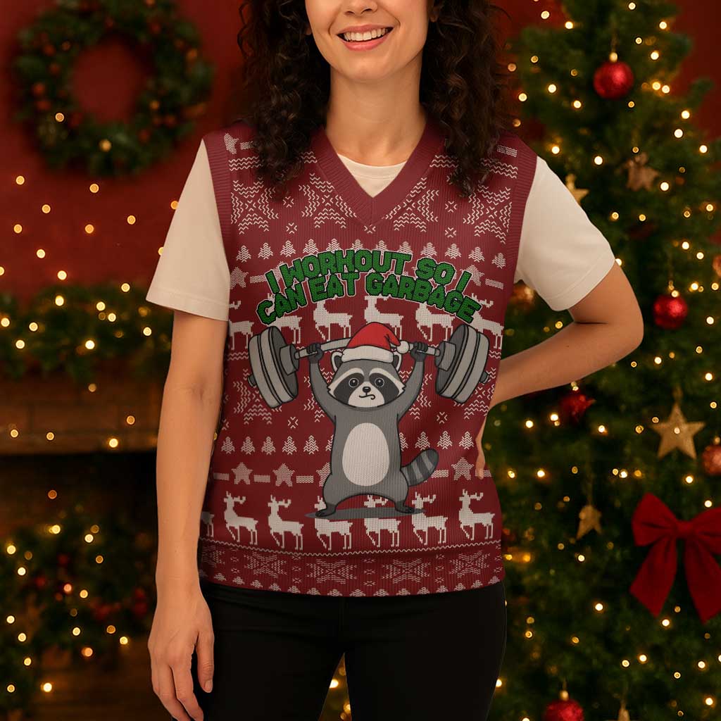 I Workout So I Can Eat Garbage Christmas Design Christmas Knitted V-Neck Vest Xmas Holiday Patterns - Wonder Print Shop