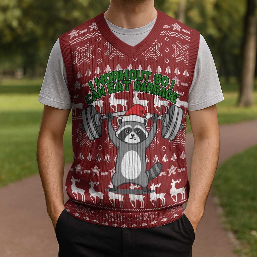I Workout So I Can Eat Garbage Christmas Design Christmas Knitted V-Neck Vest Xmas Holiday Patterns - Wonder Print Shop