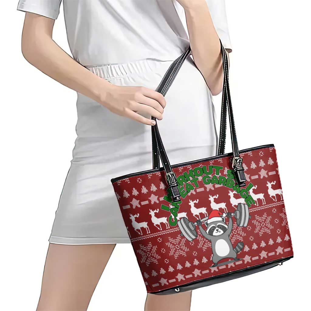I Workout So I Can Eat Garbage Christmas Design Leather Tote Bag Xmas Holiday Patterns - Wonder Print Shop