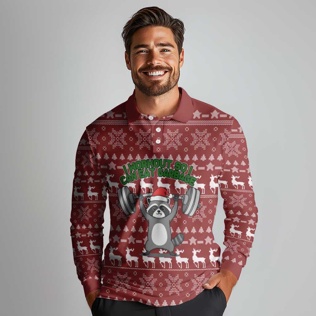 I Workout So I Can Eat Garbage Christmas Design Long Sleeve Polo Shirt Xmas Holiday Patterns - Wonder Print Shop