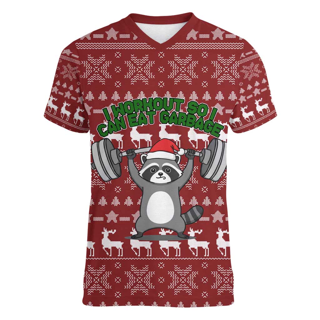 I Workout So I Can Eat Garbage Christmas Design Women V-Neck T-Shirt Xmas Holiday Patterns - Wonder Print Shop