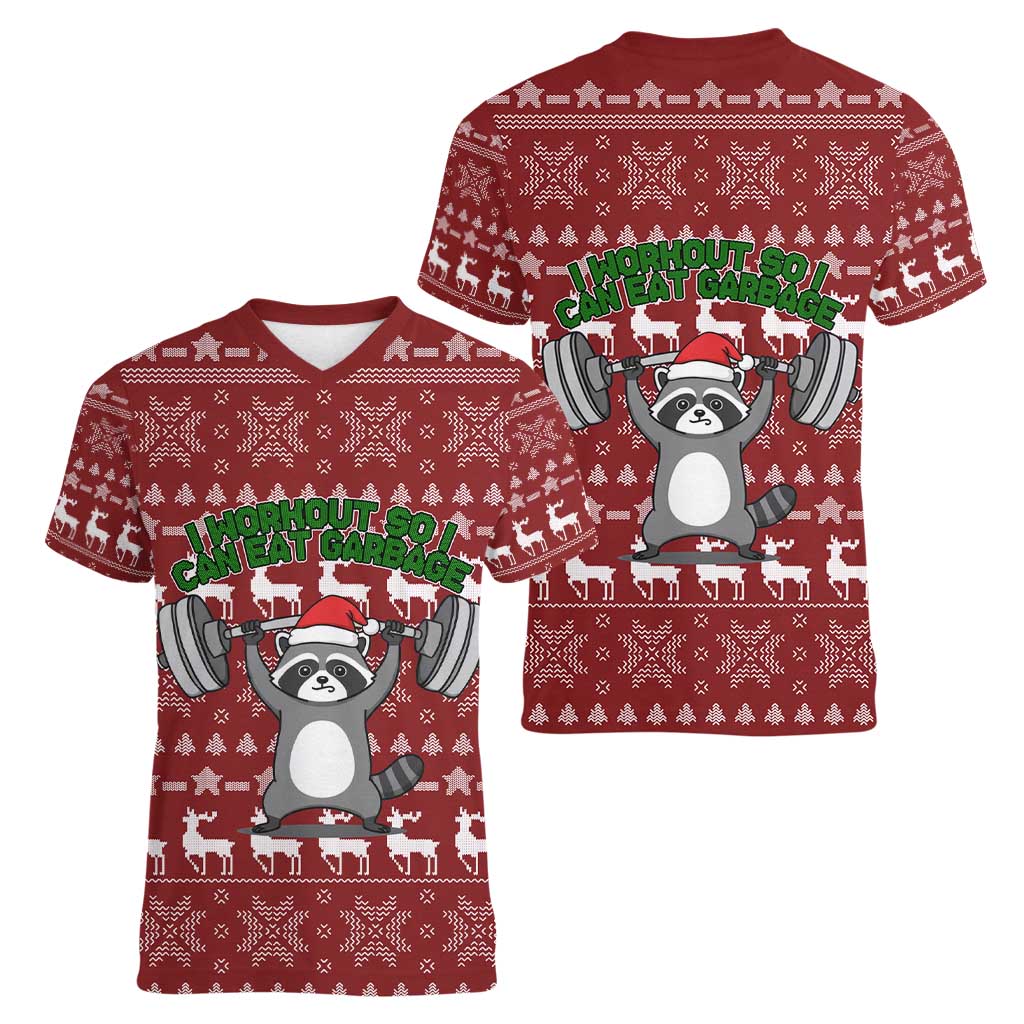 I Workout So I Can Eat Garbage Christmas Design Women V-Neck T-Shirt Xmas Holiday Patterns - Wonder Print Shop
