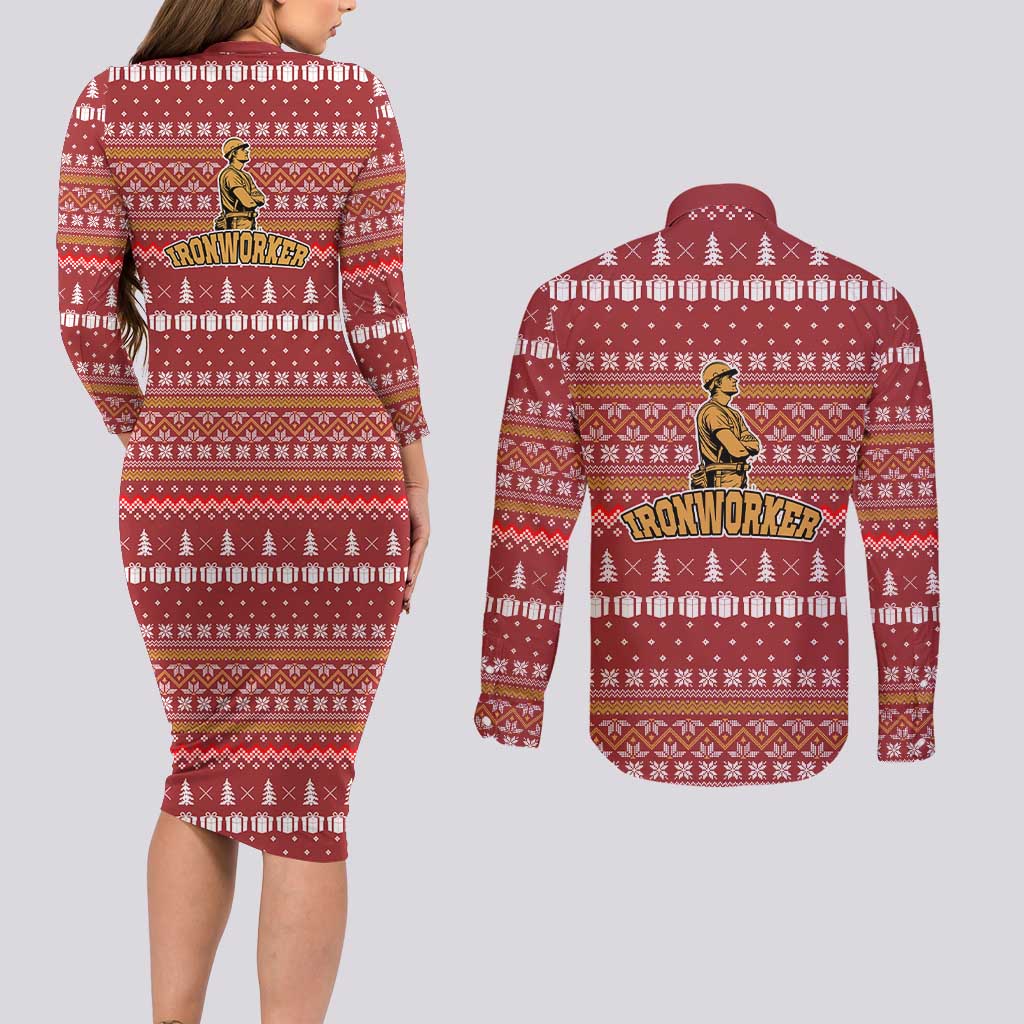 Christmas Ironworker American Flag Couples Matching Long Sleeve Bodycon Dress and Long Sleeve Button Shirt Xmas Holiday Patterns - Wonder Print Shop