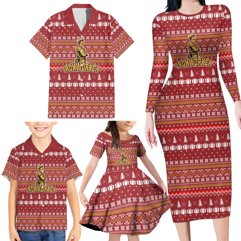 Christmas Ironworker American Flag Family Matching Long Sleeve Bodycon Dress and Hawaiian Shirt Xmas Holiday Patterns - Wonder Print Shop