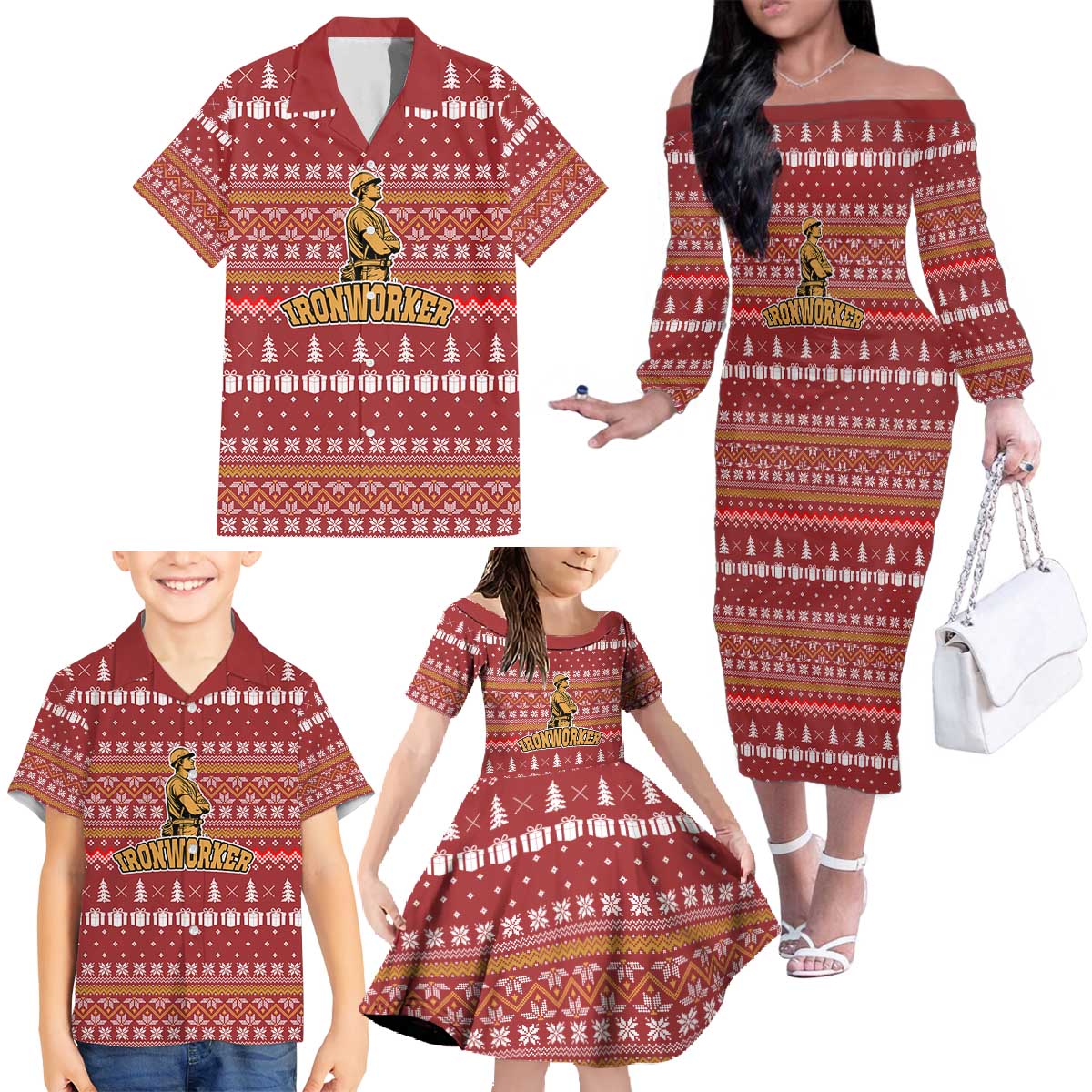 Christmas Ironworker American Flag Family Matching Off The Shoulder Long Sleeve Dress and Hawaiian Shirt Xmas Holiday Patterns - Wonder Print Shop