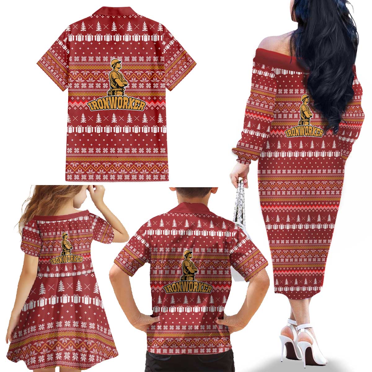 Christmas Ironworker American Flag Family Matching Off The Shoulder Long Sleeve Dress and Hawaiian Shirt Xmas Holiday Patterns - Wonder Print Shop