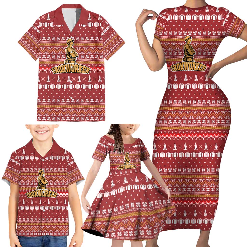 Christmas Ironworker American Flag Family Matching Short Sleeve Bodycon Dress and Hawaiian Shirt Xmas Holiday Patterns - Wonder Print Shop