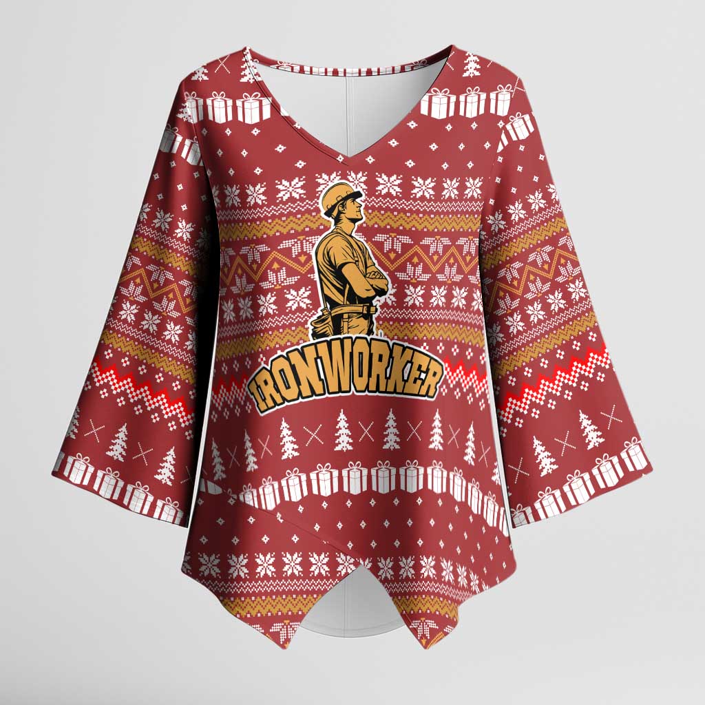 Christmas Ironworker American Flag Kimono Sleeve Blouse Xmas Holiday Patterns - Wonder Print Shop