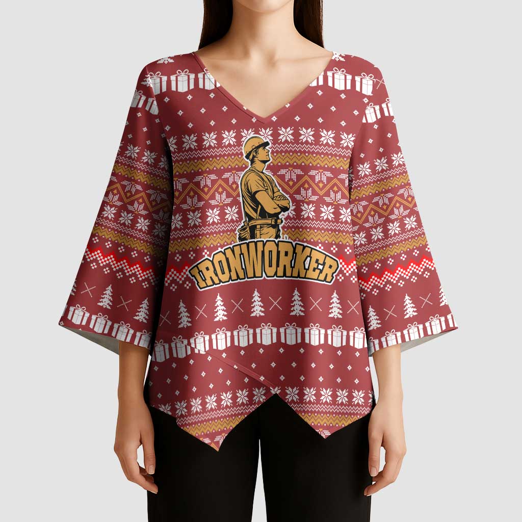 Christmas Ironworker American Flag Kimono Sleeve Blouse Xmas Holiday Patterns - Wonder Print Shop