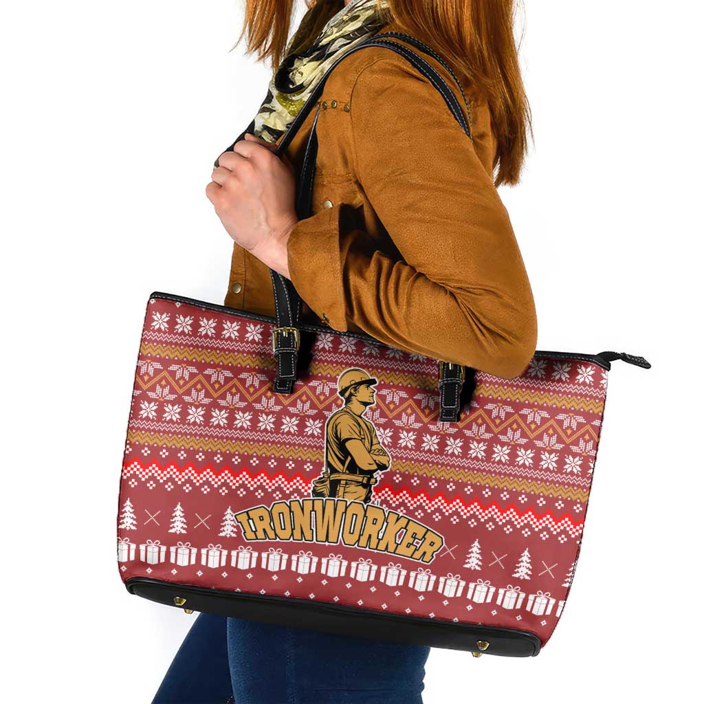 Christmas Ironworker American Flag Leather Tote Bag Xmas Holiday Patterns - Wonder Print Shop