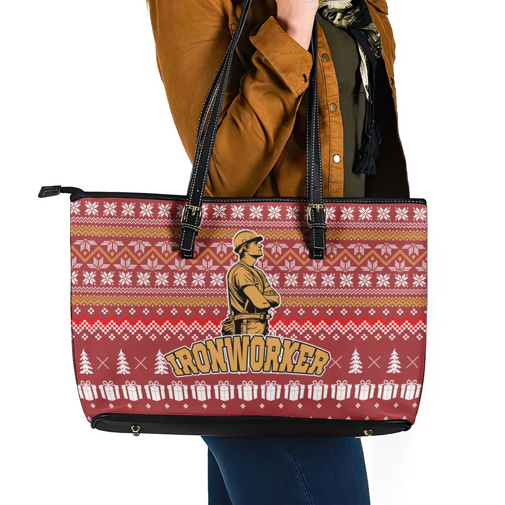 Christmas Ironworker American Flag Leather Tote Bag Xmas Holiday Patterns - Wonder Print Shop