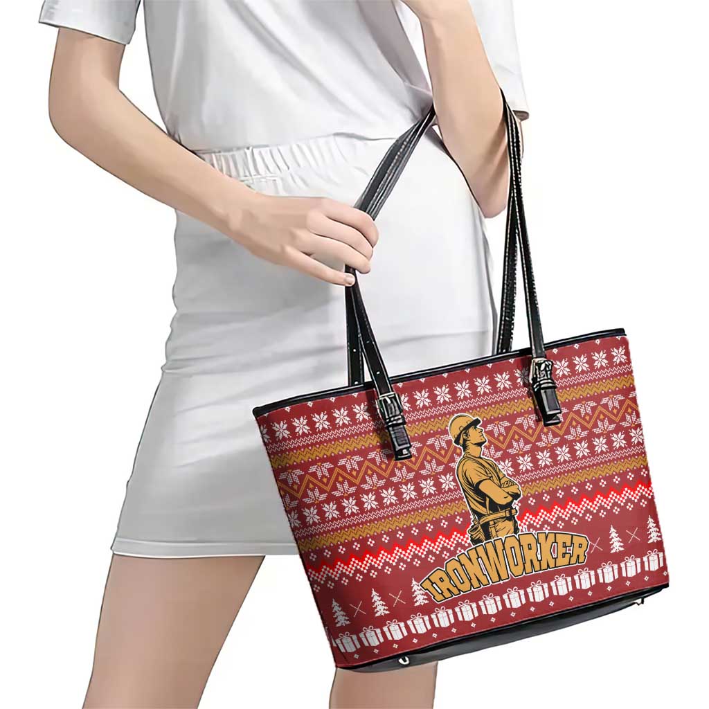 Christmas Ironworker American Flag Leather Tote Bag Xmas Holiday Patterns - Wonder Print Shop