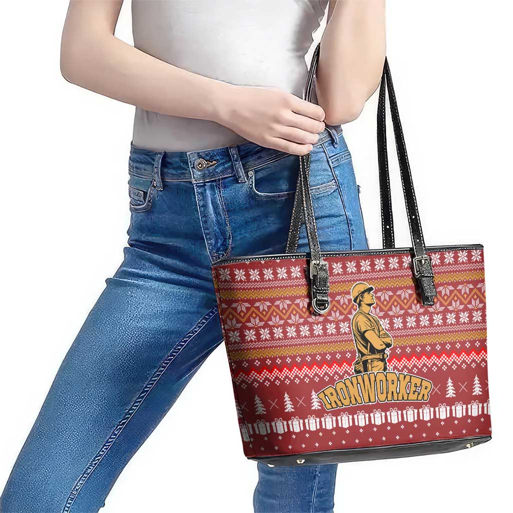 Christmas Ironworker American Flag Leather Tote Bag Xmas Holiday Patterns - Wonder Print Shop