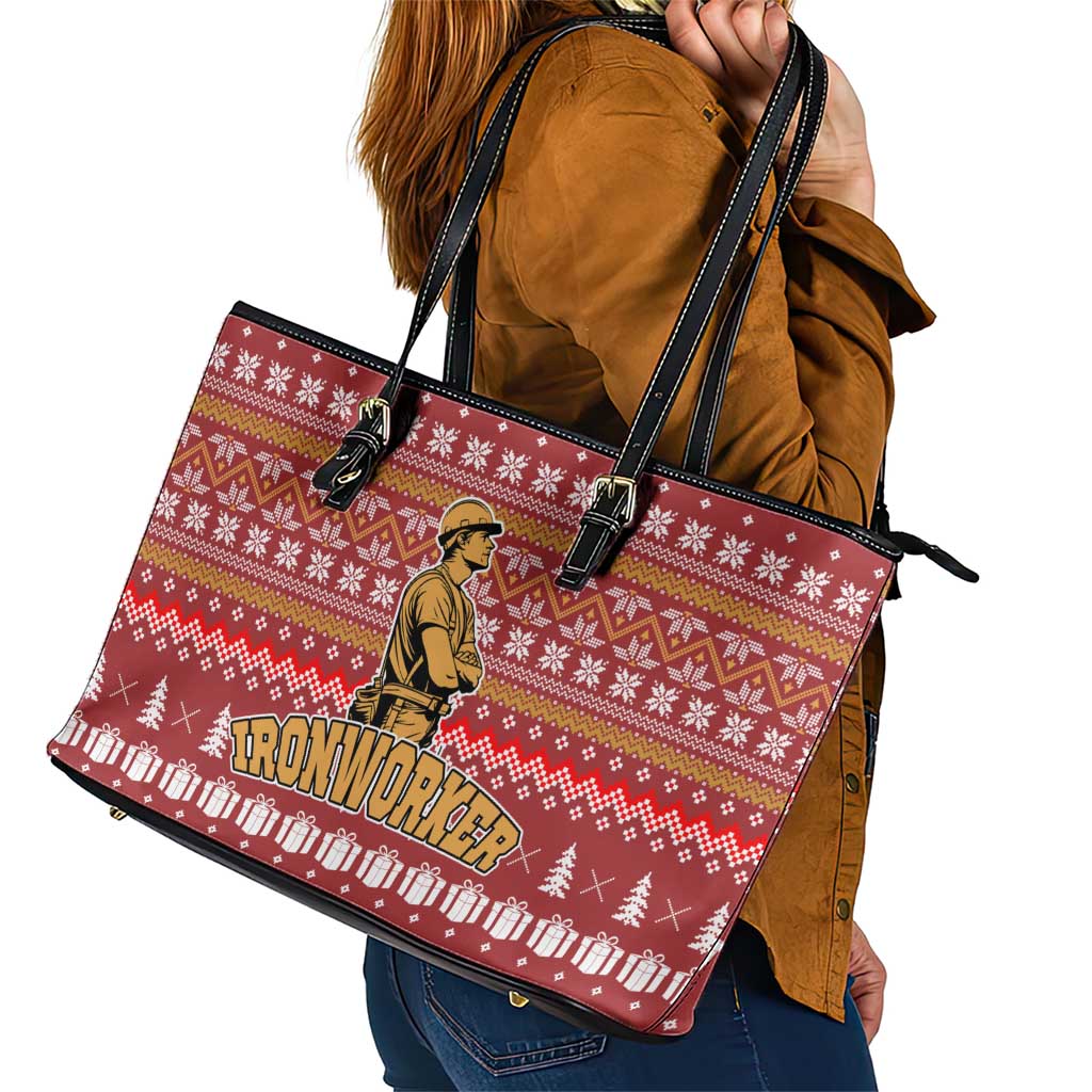 Christmas Ironworker American Flag Leather Tote Bag Xmas Holiday Patterns - Wonder Print Shop