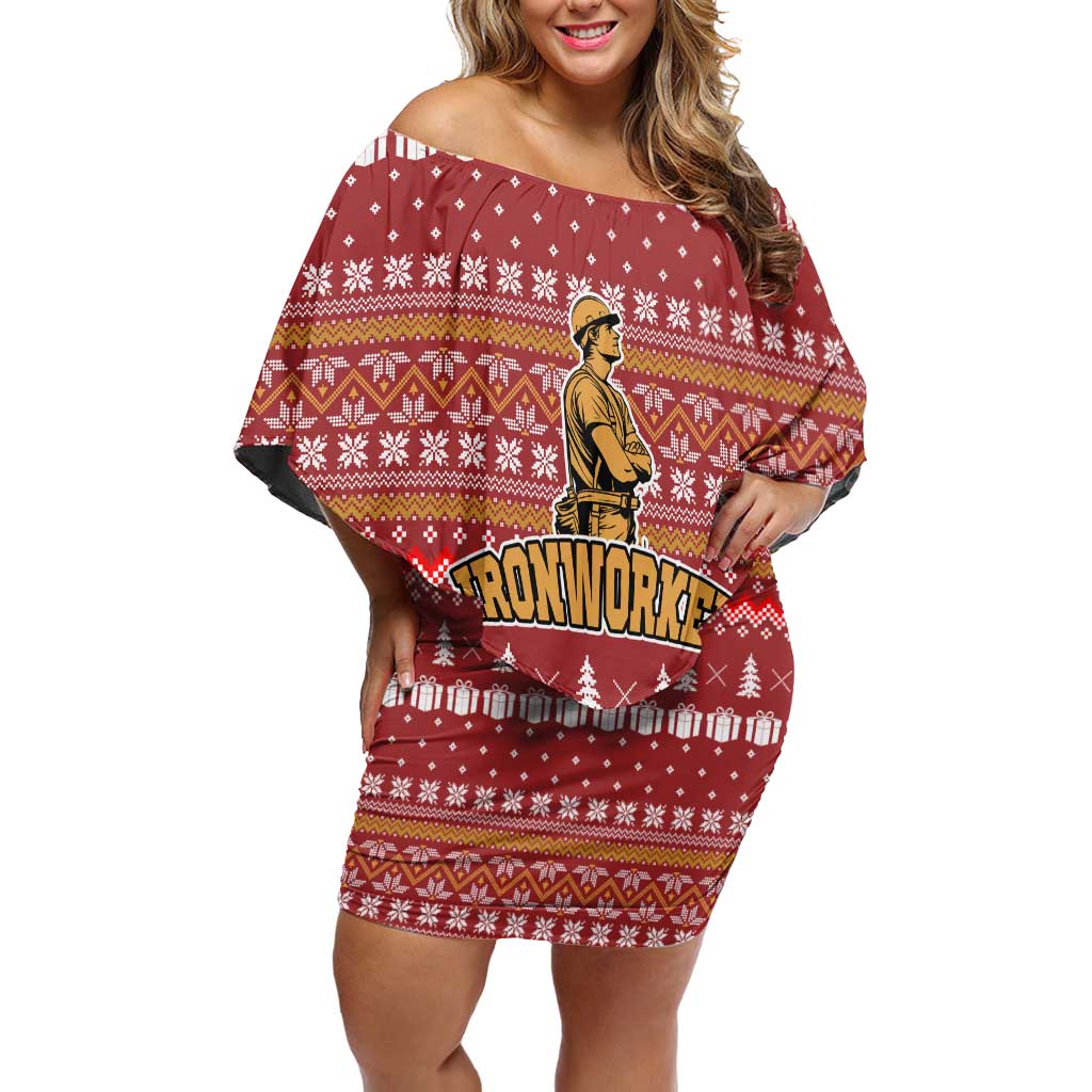 Christmas Ironworker American Flag Off Shoulder Short Dress Xmas Holiday Patterns - Wonder Print Shop