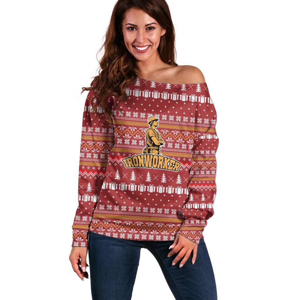 Christmas Ironworker American Flag Off Shoulder Sweater Xmas Holiday Patterns - Wonder Print Shop