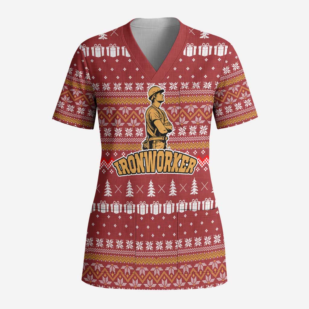 Christmas Ironworker American Flag Scrub Top Xmas Holiday Patterns - Wonder Print Shop