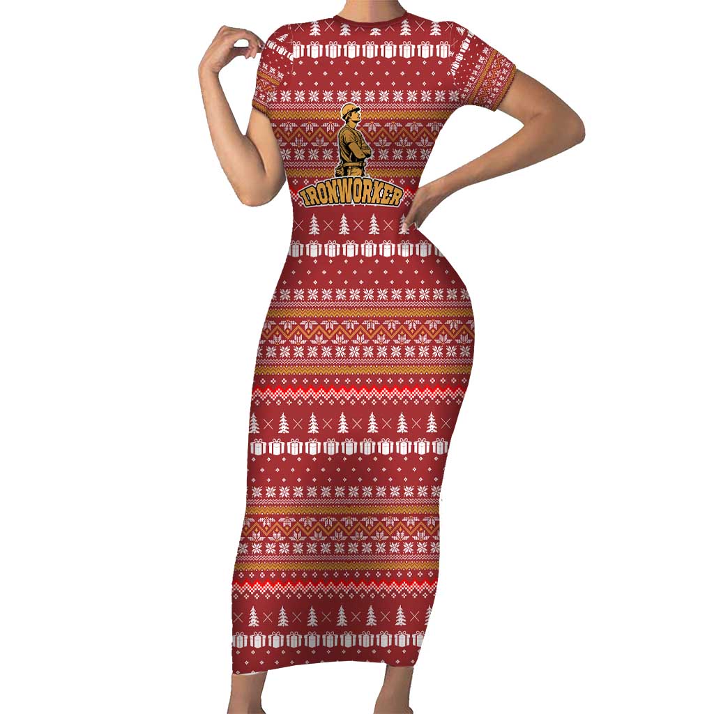 Christmas Ironworker American Flag Short Sleeve Bodycon Dress Xmas Holiday Patterns - Wonder Print Shop