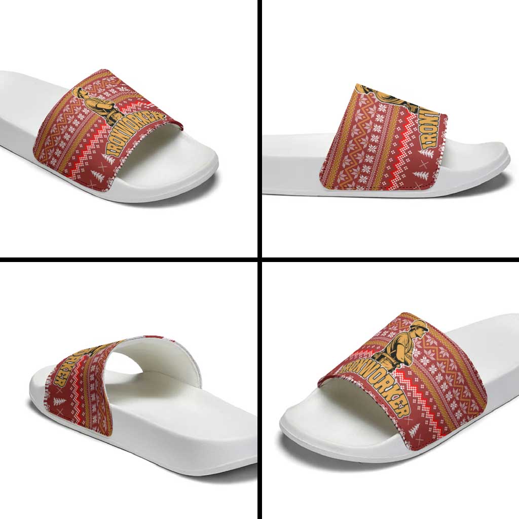 Christmas Ironworker American Flag Slide Sandals Xmas Holiday Patterns - Wonder Print Shop