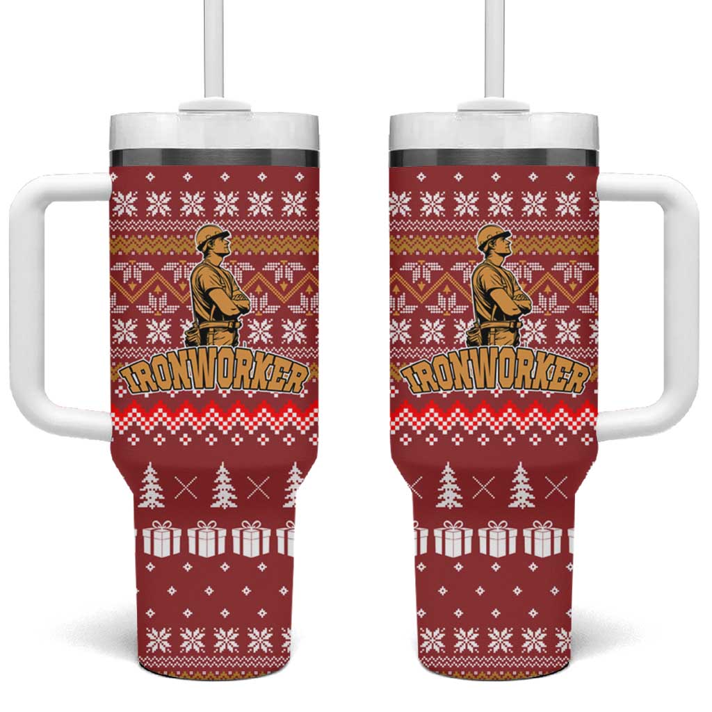 Christmas Ironworker American Flag Tumbler With Handle Xmas Holiday Patterns - Wonder Print Shop
