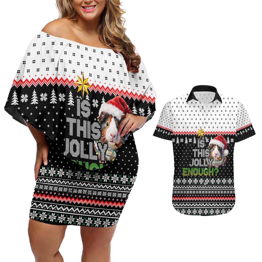 Christmas Is It Jolly Enough Guinea Pig Couples Matching Off Shoulder Short Dress and Hawaiian Shirt Xmas Holiday Patterns - Wonder Print Shop