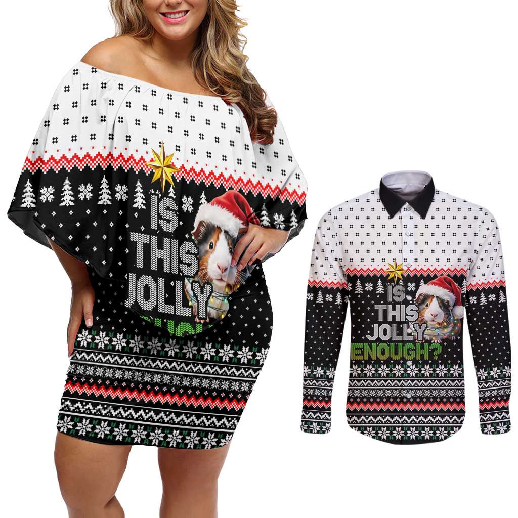 Christmas Is It Jolly Enough Guinea Pig Couples Matching Off Shoulder Short Dress and Long Sleeve Button Shirt Xmas Holiday Patterns - Wonder Print Shop