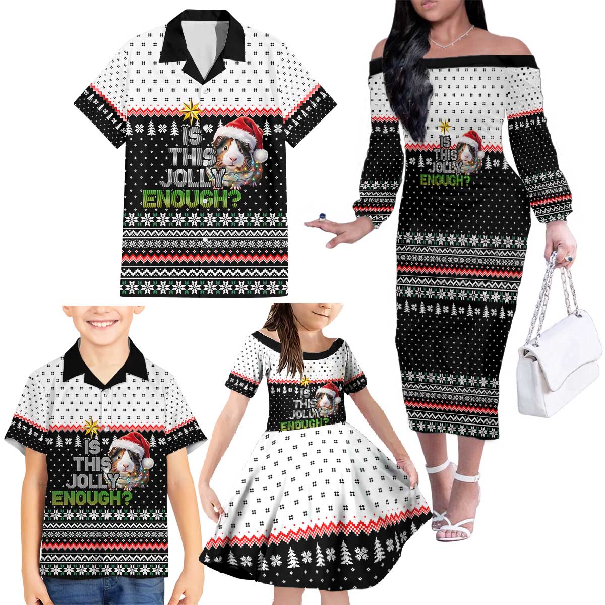 Christmas Is It Jolly Enough Guinea Pig Family Matching Off The Shoulder Long Sleeve Dress and Hawaiian Shirt Xmas Holiday Patterns - Wonder Print Shop