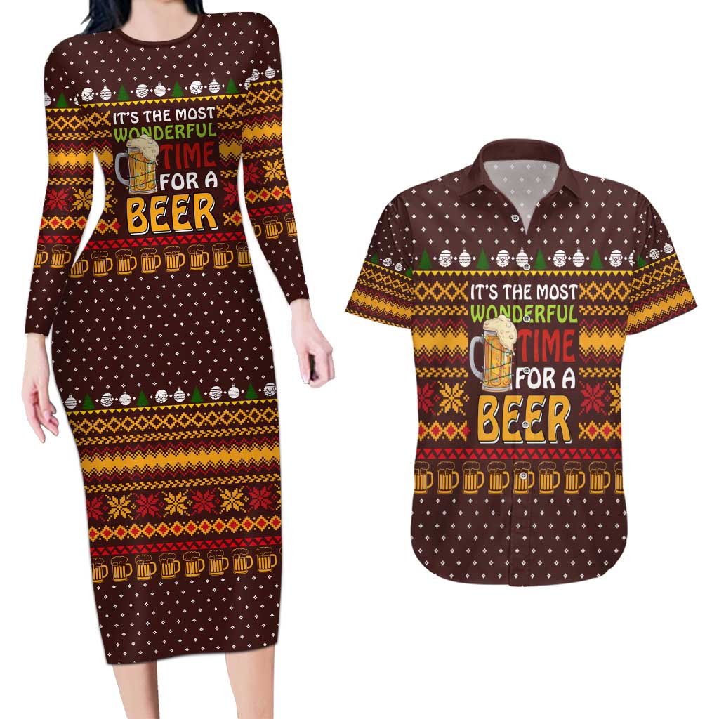 Christmas Its The Most Wonderful Time For A Beer Couples Matching Long Sleeve Bodycon Dress and Hawaiian Shirt Xmas Holiday Patterns - Wonder Print Shop