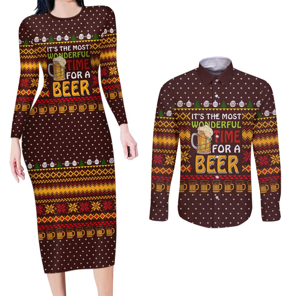 Christmas Its The Most Wonderful Time For A Beer Couples Matching Long Sleeve Bodycon Dress and Long Sleeve Button Shirt Xmas Holiday Patterns - Wonder Print Shop