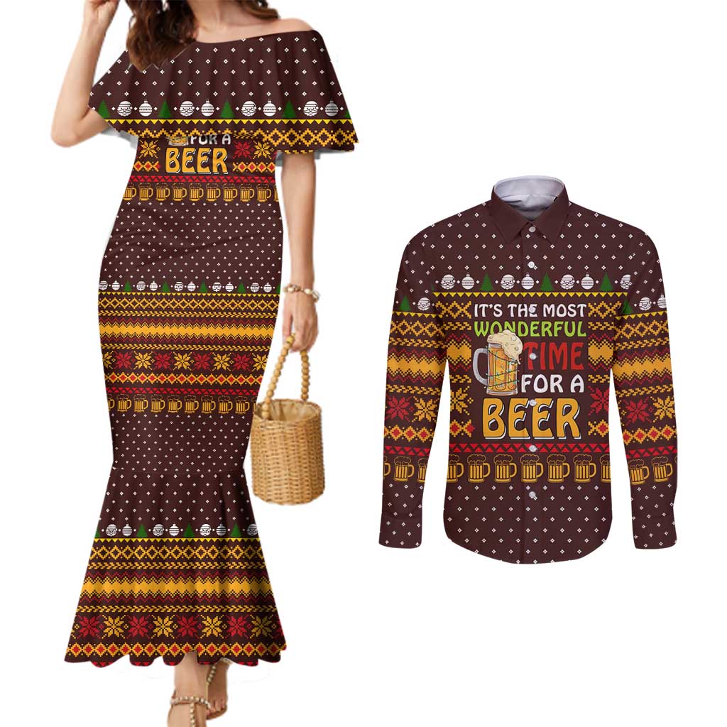Christmas Its The Most Wonderful Time For A Beer Couples Matching Mermaid Dress and Long Sleeve Button Shirt Xmas Holiday Patterns - Wonder Print Shop