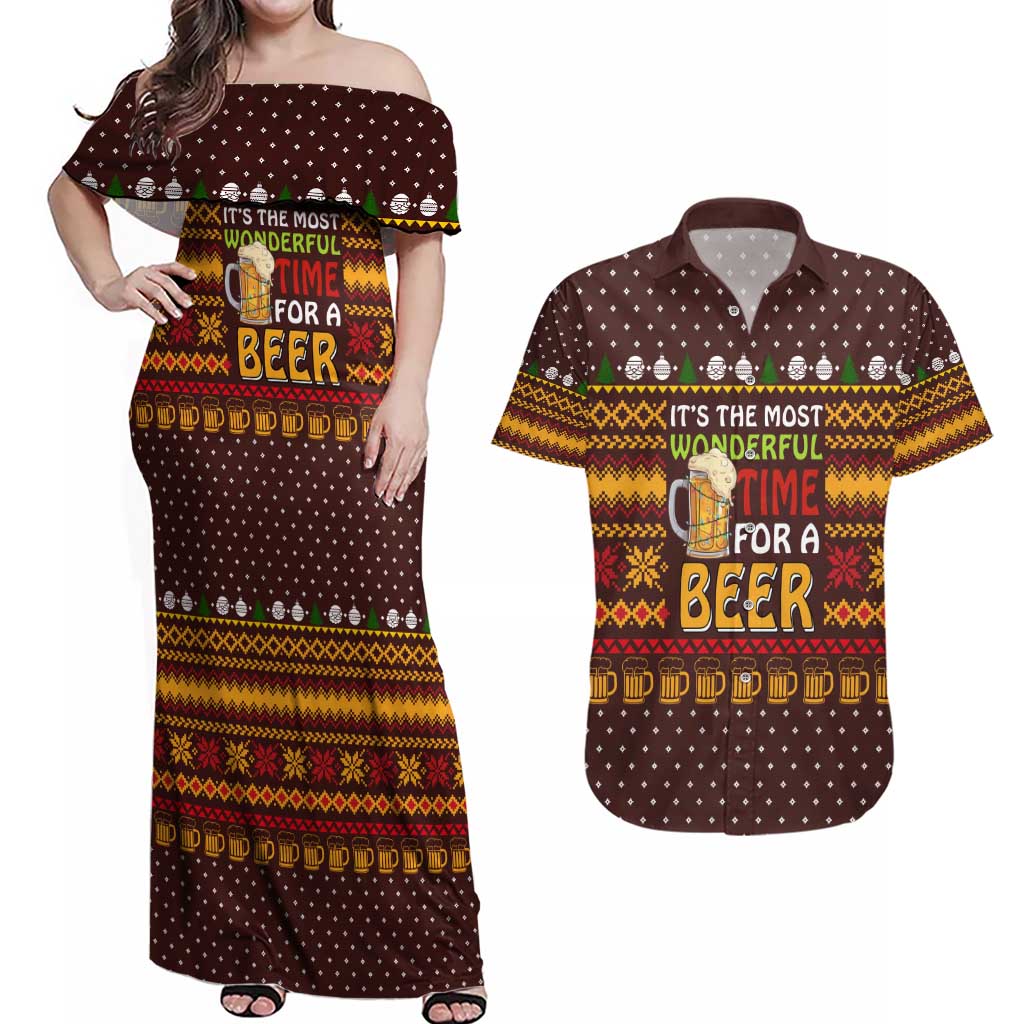 Christmas Its The Most Wonderful Time For A Beer Couples Matching Off Shoulder Maxi Dress and Hawaiian Shirt Xmas Holiday Patterns - Wonder Print Shop