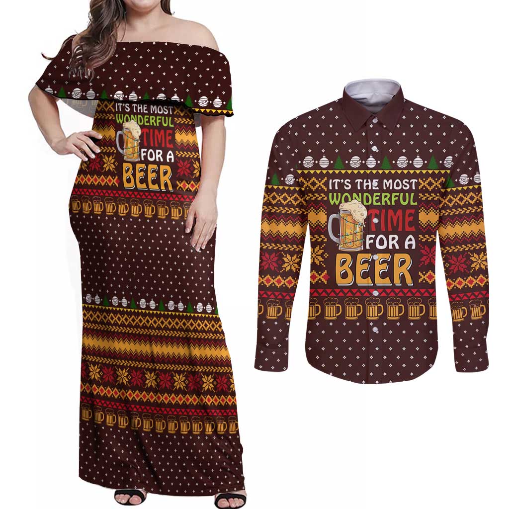 Christmas Its The Most Wonderful Time For A Beer Couples Matching Off Shoulder Maxi Dress and Long Sleeve Button Shirt Xmas Holiday Patterns - Wonder Print Shop