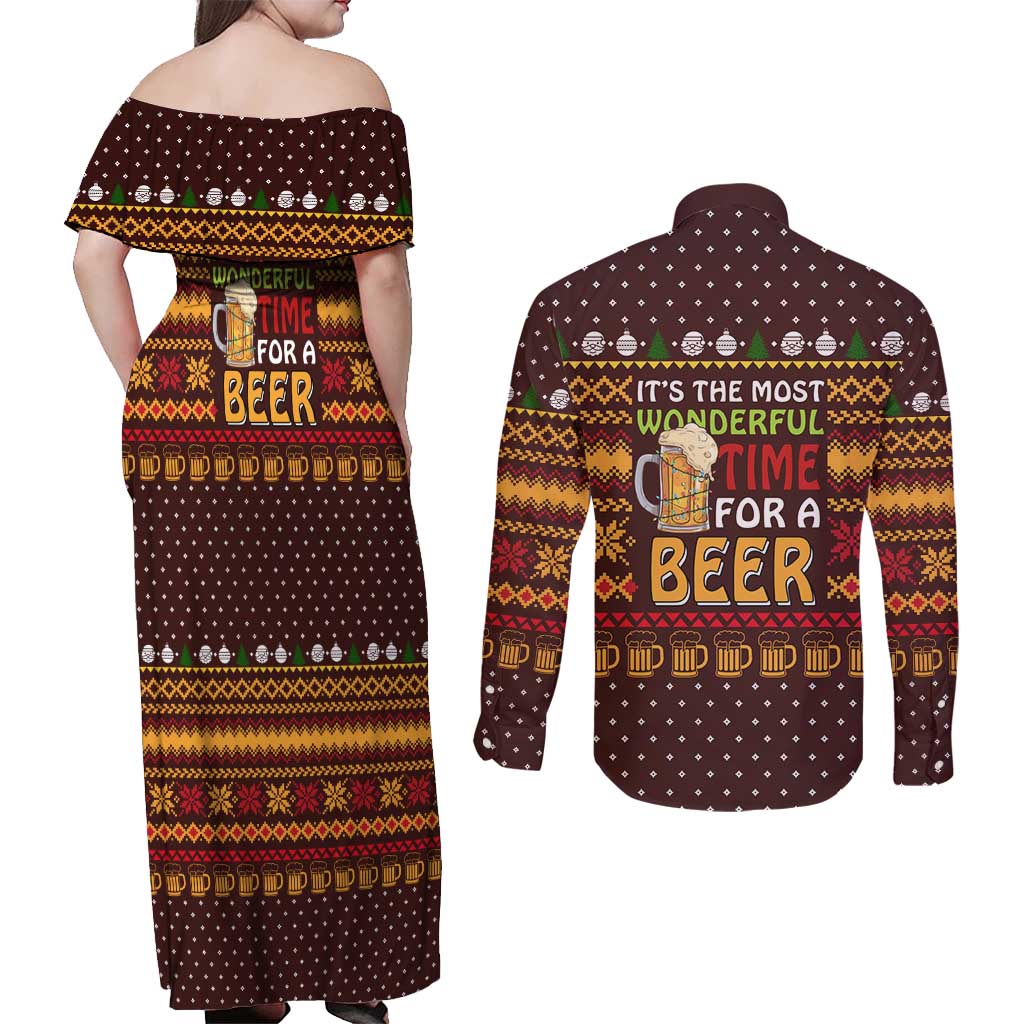 Christmas Its The Most Wonderful Time For A Beer Couples Matching Off Shoulder Maxi Dress and Long Sleeve Button Shirt Xmas Holiday Patterns - Wonder Print Shop