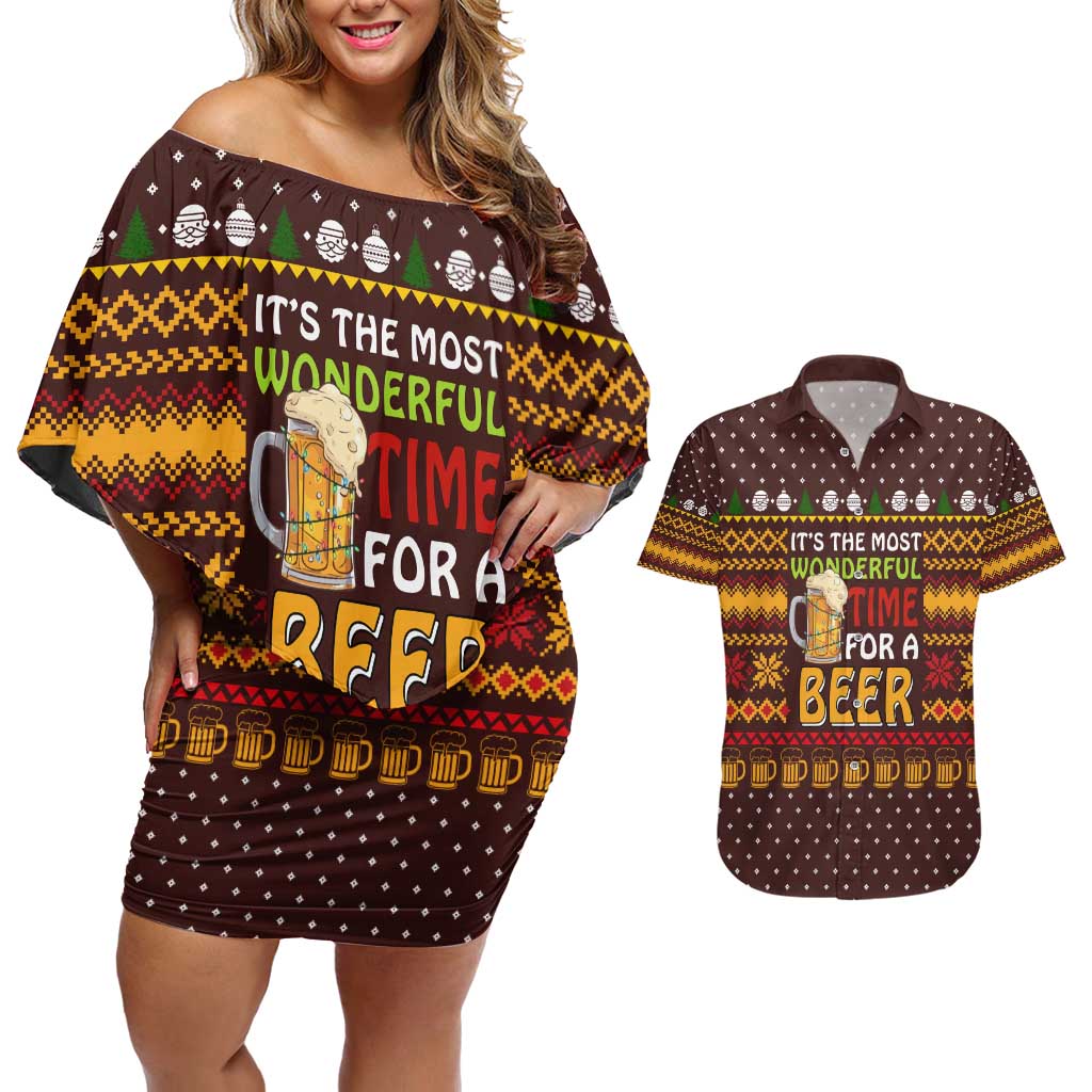 Christmas Its The Most Wonderful Time For A Beer Couples Matching Off Shoulder Short Dress and Hawaiian Shirt Xmas Holiday Patterns - Wonder Print Shop
