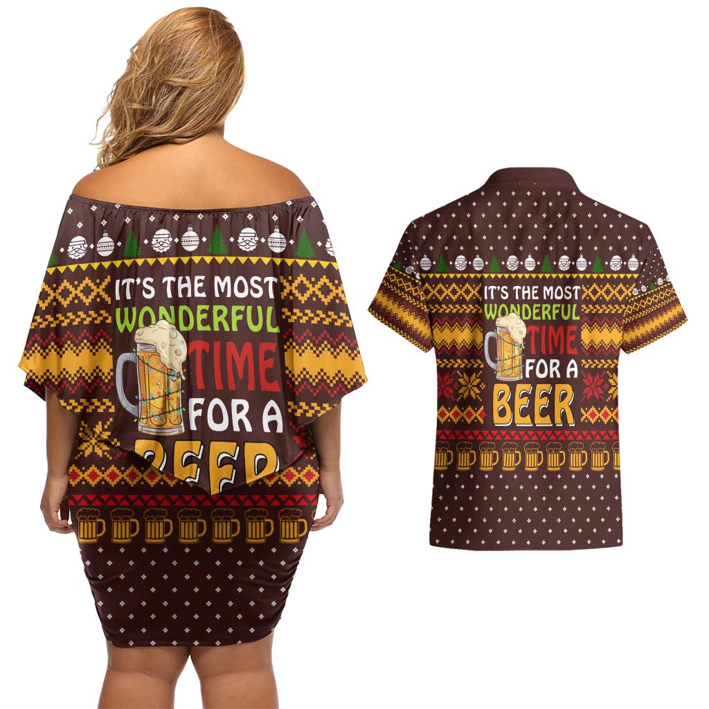 Christmas Its The Most Wonderful Time For A Beer Couples Matching Off Shoulder Short Dress and Hawaiian Shirt Xmas Holiday Patterns - Wonder Print Shop