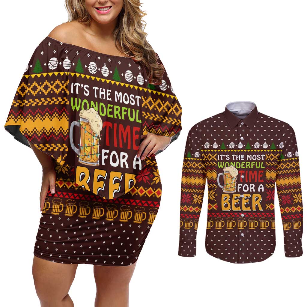 Christmas Its The Most Wonderful Time For A Beer Couples Matching Off Shoulder Short Dress and Long Sleeve Button Shirt Xmas Holiday Patterns - Wonder Print Shop