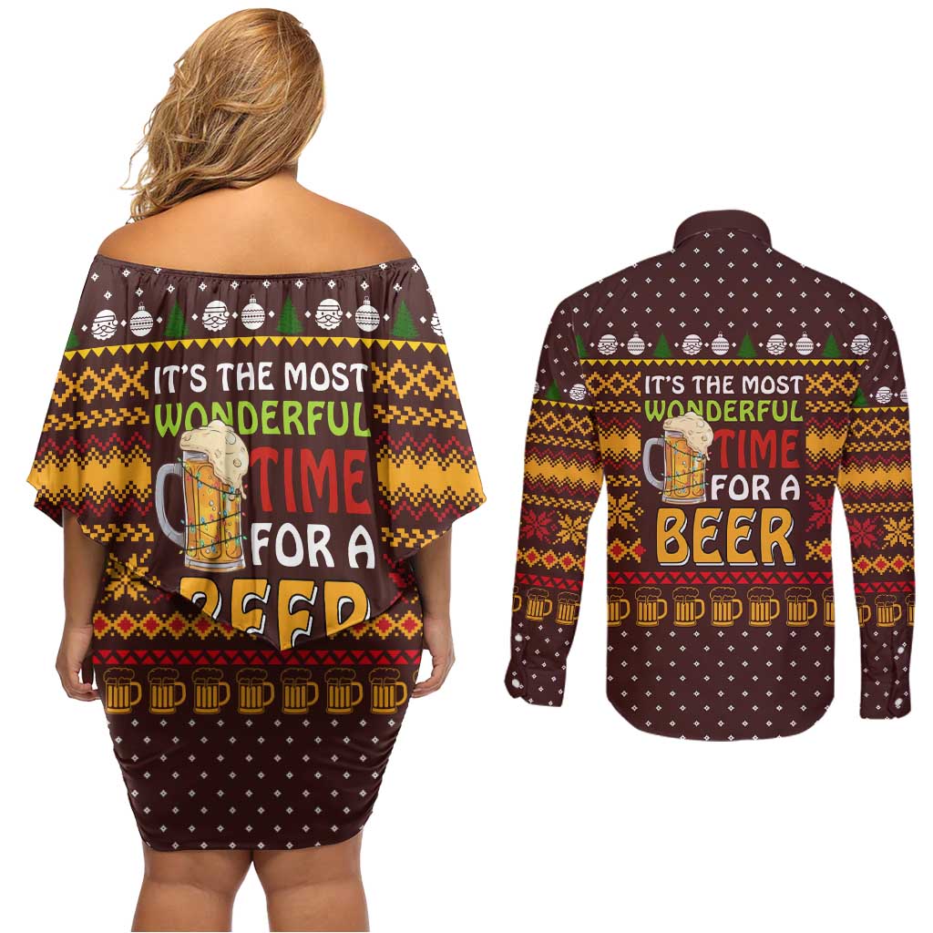 Christmas Its The Most Wonderful Time For A Beer Couples Matching Off Shoulder Short Dress and Long Sleeve Button Shirt Xmas Holiday Patterns - Wonder Print Shop