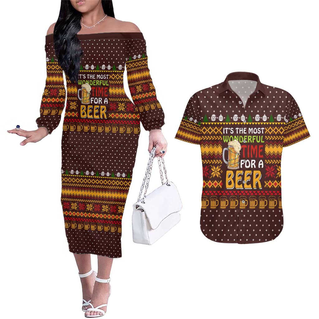 Christmas Its The Most Wonderful Time For A Beer Couples Matching Off The Shoulder Long Sleeve Dress and Hawaiian Shirt Xmas Holiday Patterns - Wonder Print Shop