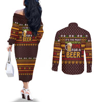 Christmas Its The Most Wonderful Time For A Beer Couples Matching Off The Shoulder Long Sleeve Dress and Long Sleeve Button Shirt Xmas Holiday Patterns - Wonder Print Shop
