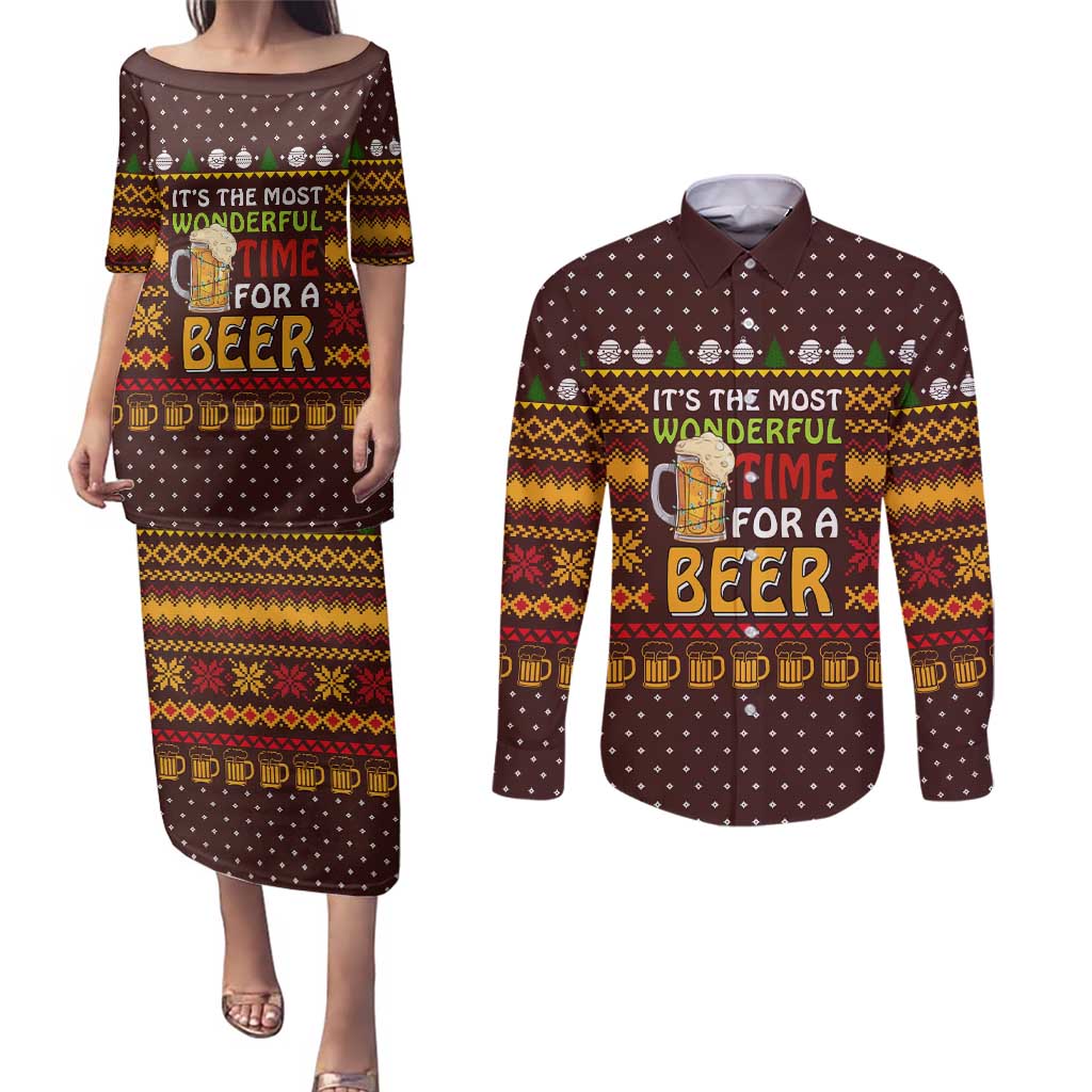 Christmas Its The Most Wonderful Time For A Beer Couples Matching Puletasi and Long Sleeve Button Shirt Xmas Holiday Patterns - Wonder Print Shop