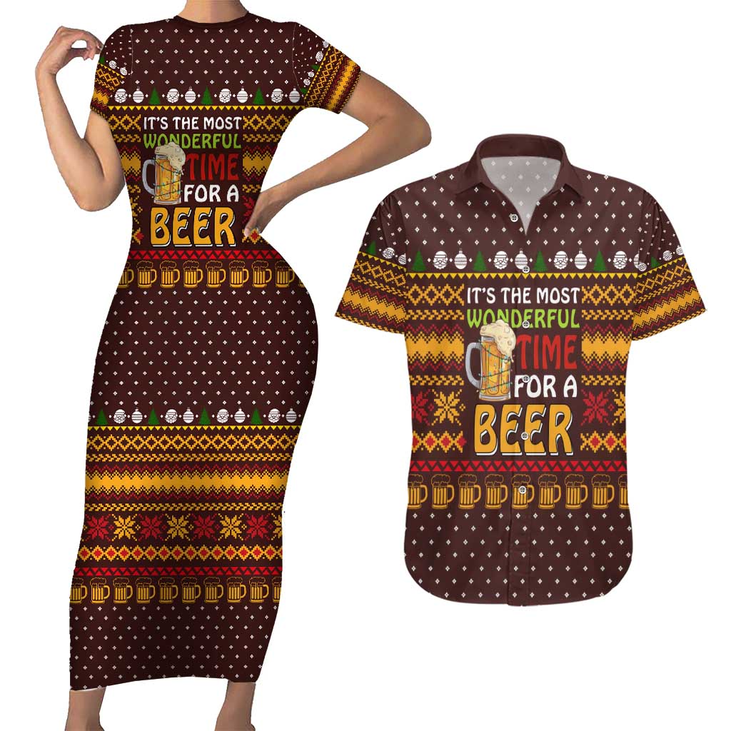 Christmas Its The Most Wonderful Time For A Beer Couples Matching Short Sleeve Bodycon Dress and Hawaiian Shirt Xmas Holiday Patterns - Wonder Print Shop